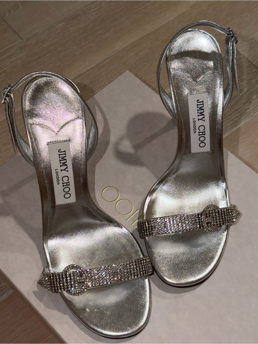 Jimmy Choo Silver Crystal Sandals
Metallic Nappa W/ Crystal Belt
(Tabitha 95) - Picture 2 of 4